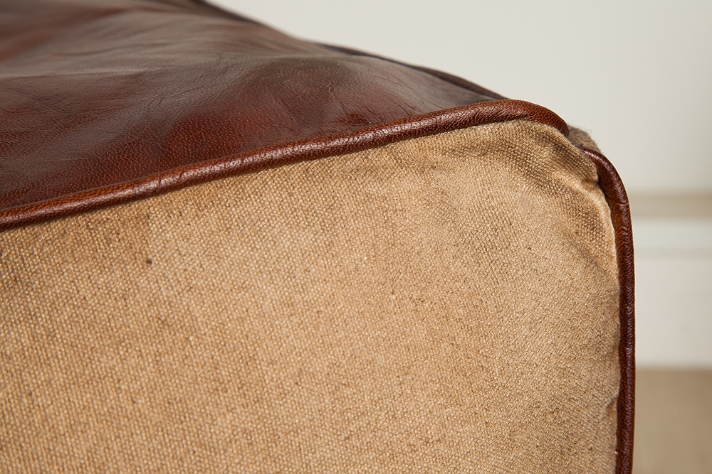 Retro Sitzpouf MUSTANG 45cm Lederbezug mit Leinen Sitzwürfel