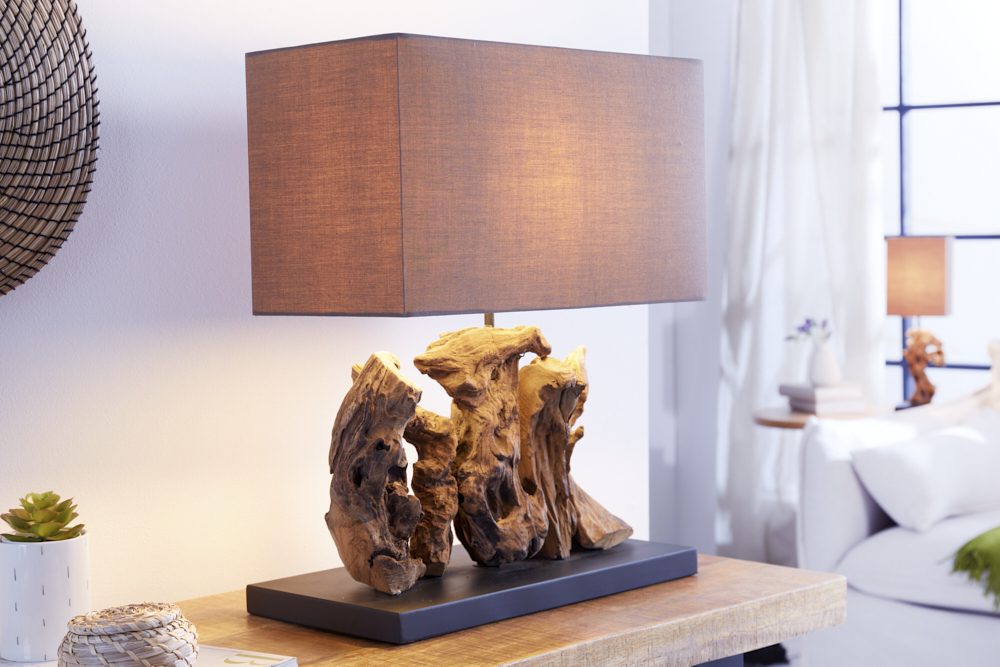 Handgefertigte Tischlampe ARAGON 50cm braun Treibholz-Fuß mit Leinenschirm