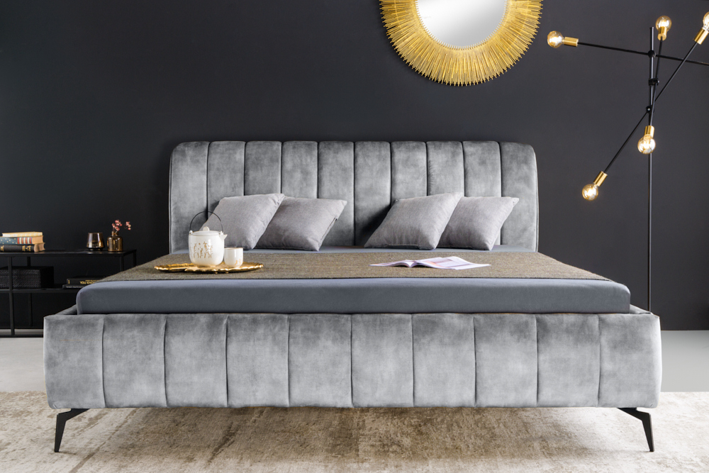 Retro Bett AMSTERDAM 160x200cm grau Samt schwarz Metall Polsterbett