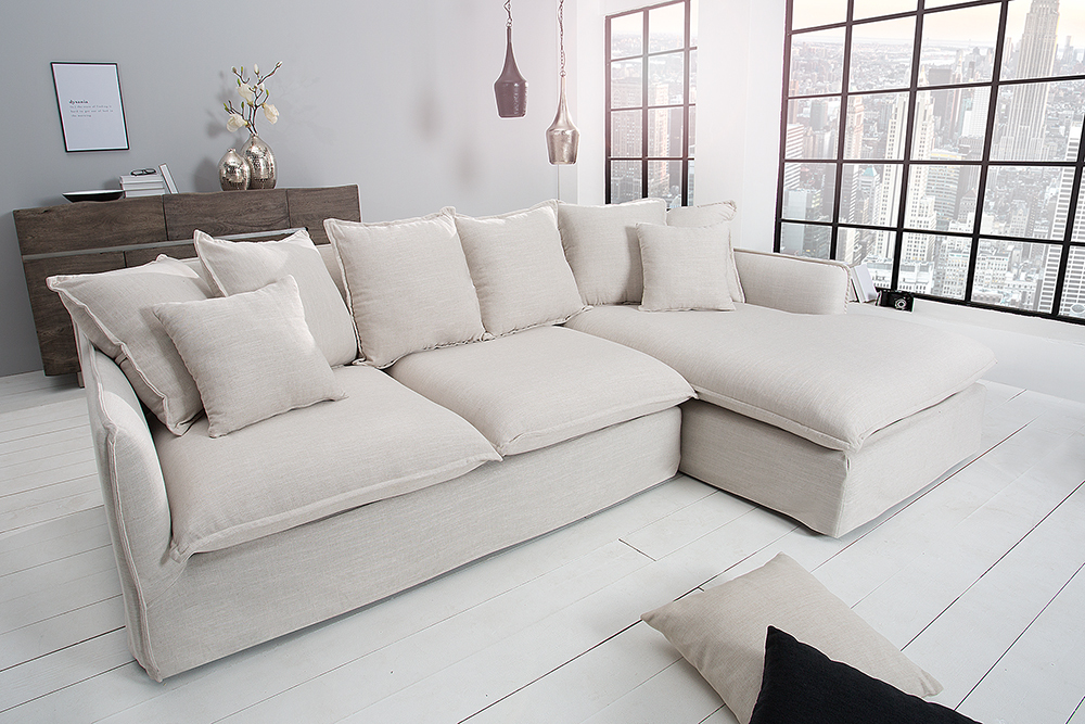 Großes Ecksofa HEAVEN 255cm natur beige Leinenstoff Federkern inkl. Kissen