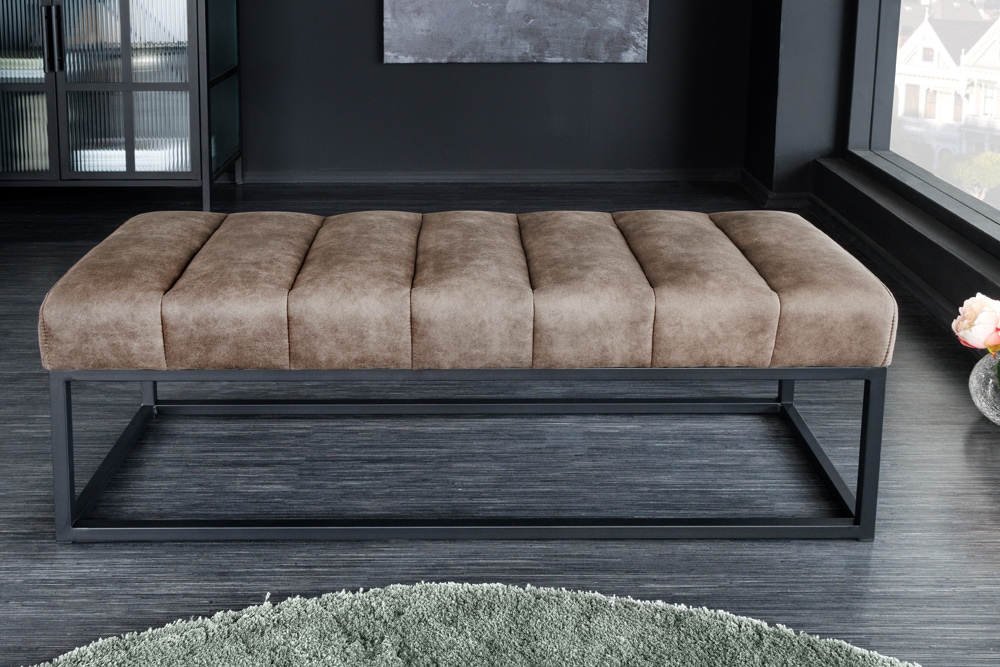 Design Sitzbank PETIT BEAUTÉ 110cm vintage taupe Microfaser schwarzes Metallgestell