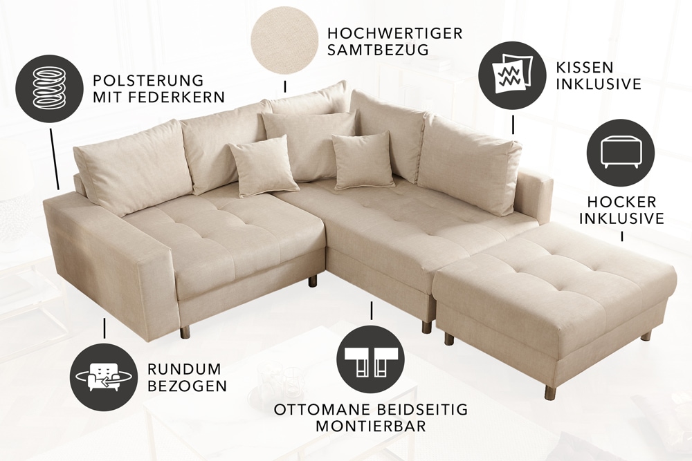 Moderne Wohnlandschaft KENT 220cm champagner beige Vogue Velours Samt Federkern mit Hocker
