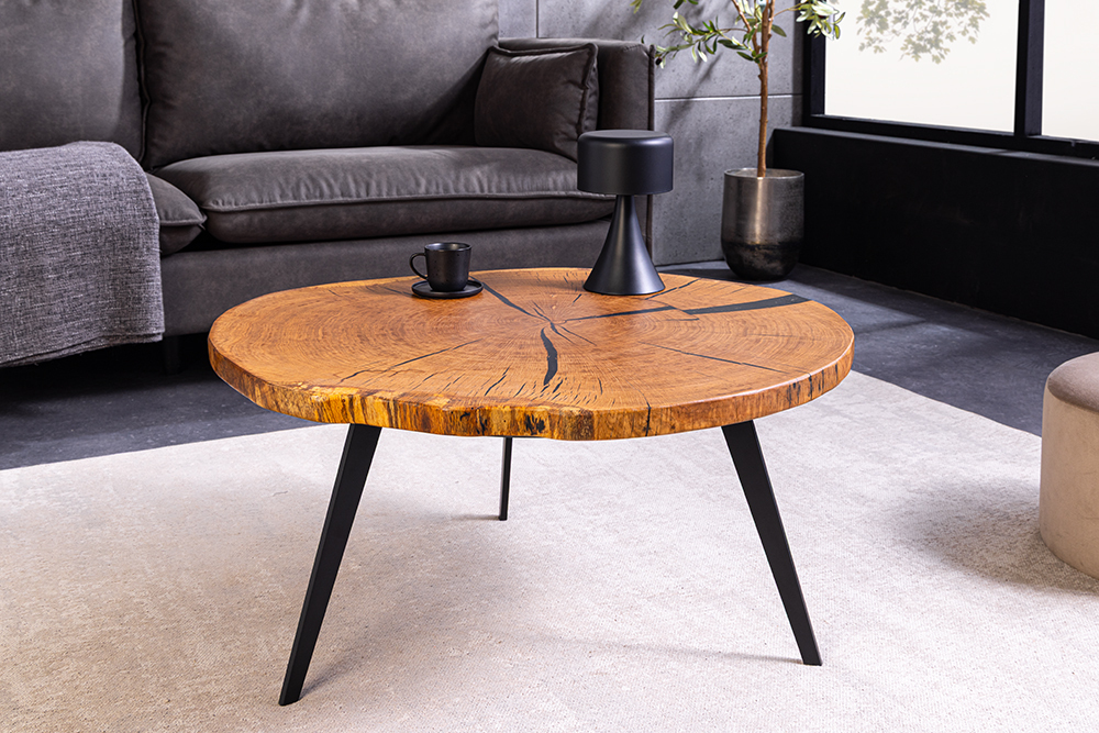 Runder Couchtisch ARBOR 75cm natur Eiche Massivholz schwarz Metall Beistelltisch