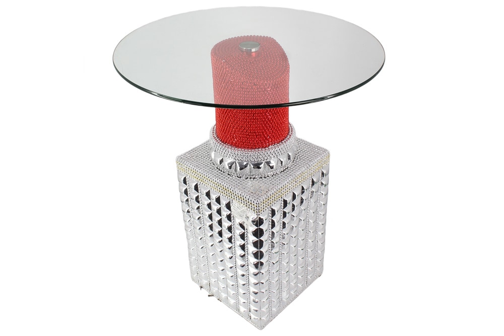 Handgefertigter Bistrotisch LIPSTICK 75cm rot silber runde Tischplatte Glas