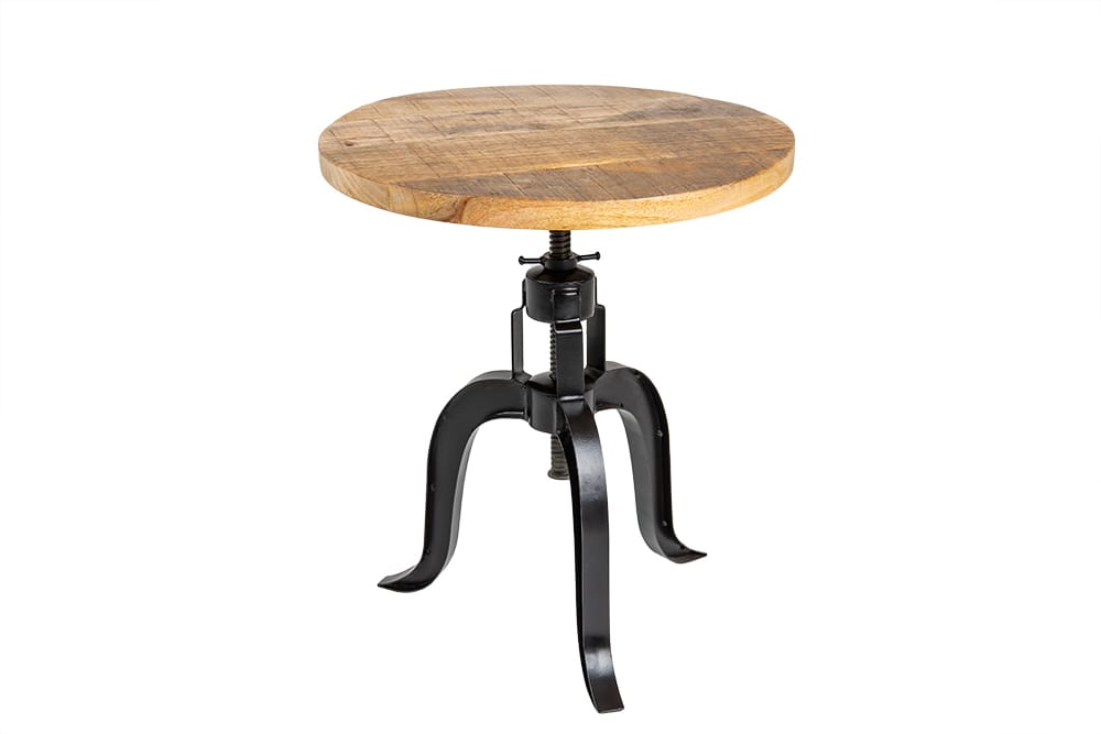 Höhenverstellbarer Beistelltisch ENGINEER 50cm Mangoholz Industrial Design massiv rund Eisen