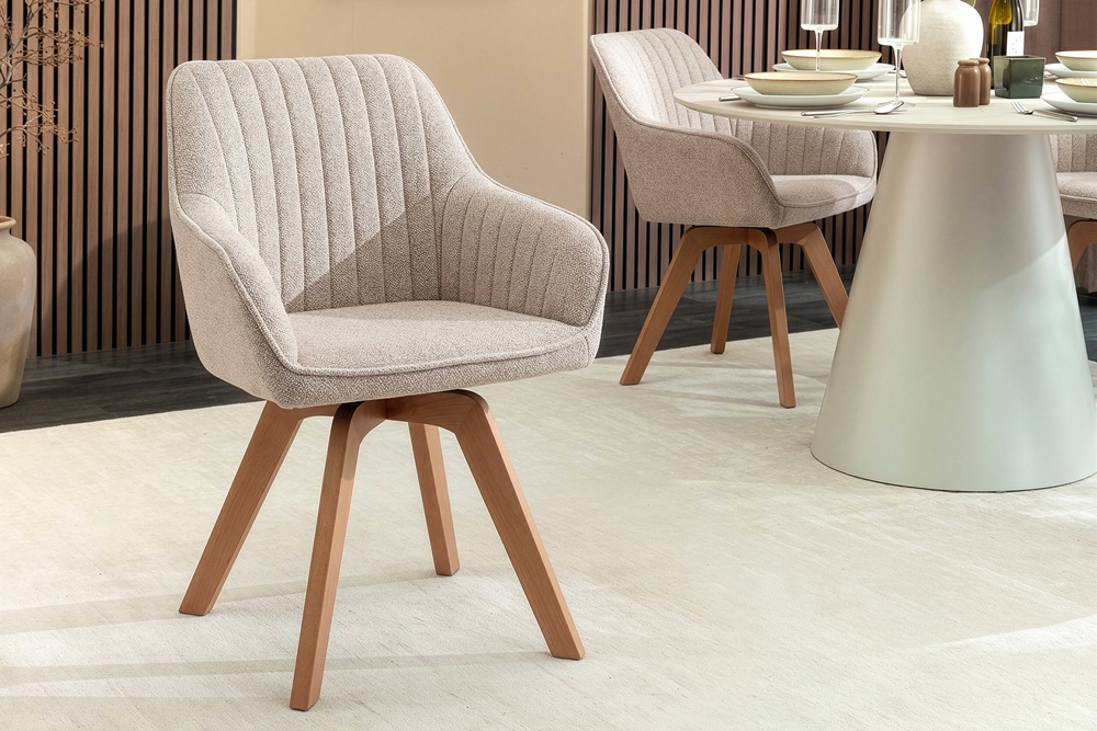 Design Stuhl LIVORNO beige Strukturstoff Massivholzbeine drehbar Auto-Return-Funktion