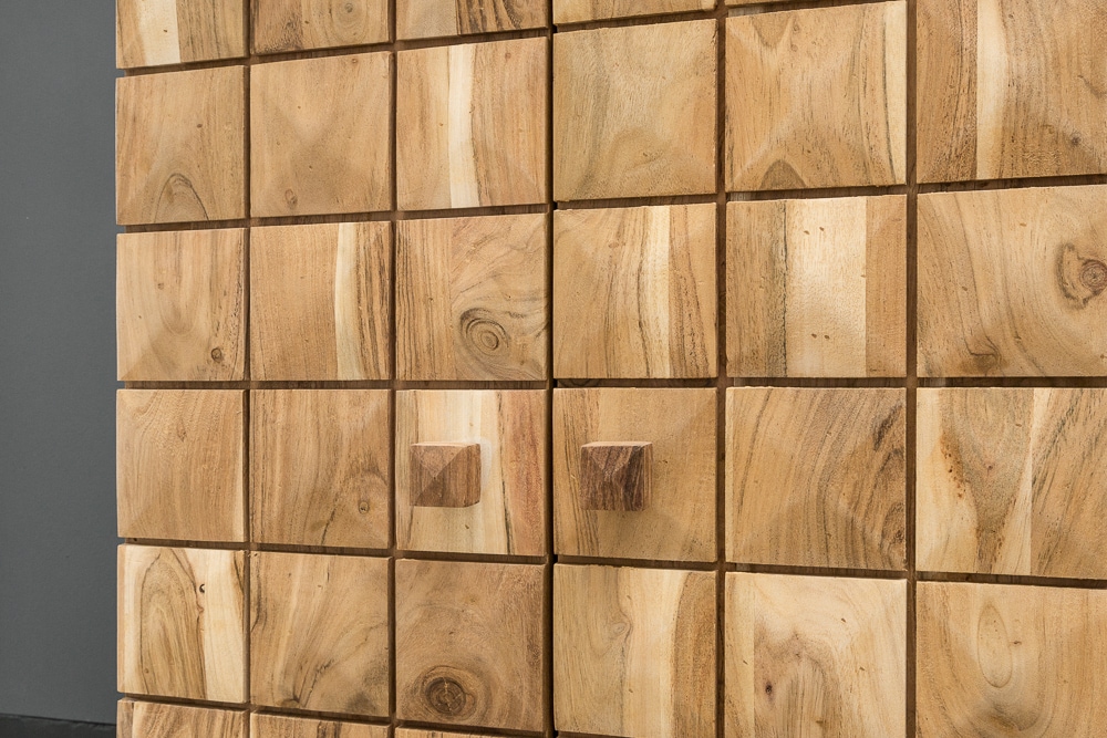 Handgearbeiteter Barschrank MOSAICO 130cm Akazie Massivholz 3D Effekt