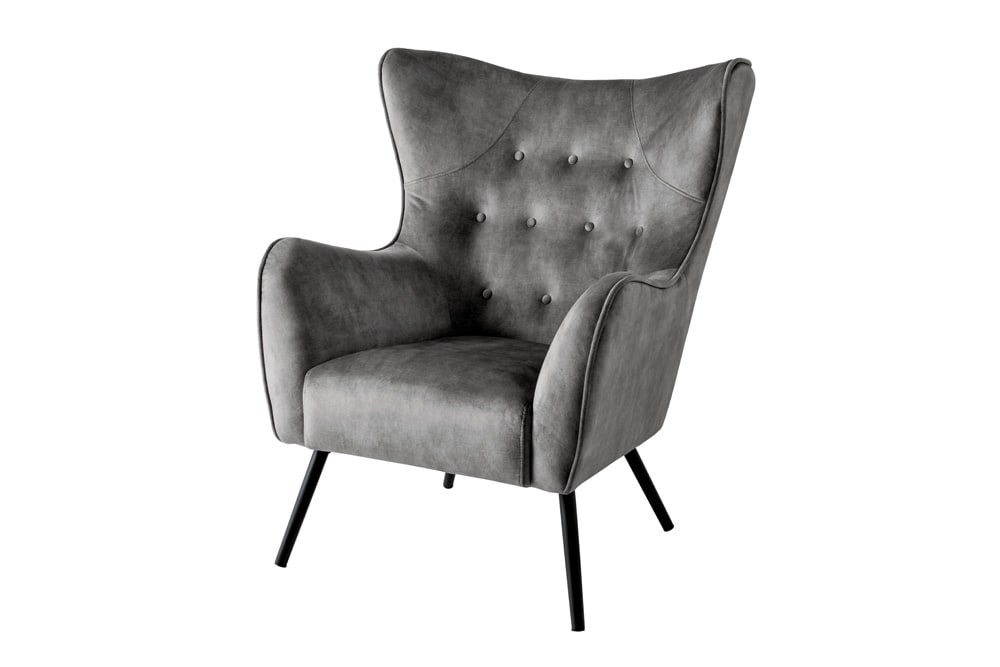 Design XL Sessel AMSTERDAM grau Samt schwarze Metallbeine Retro Stil
