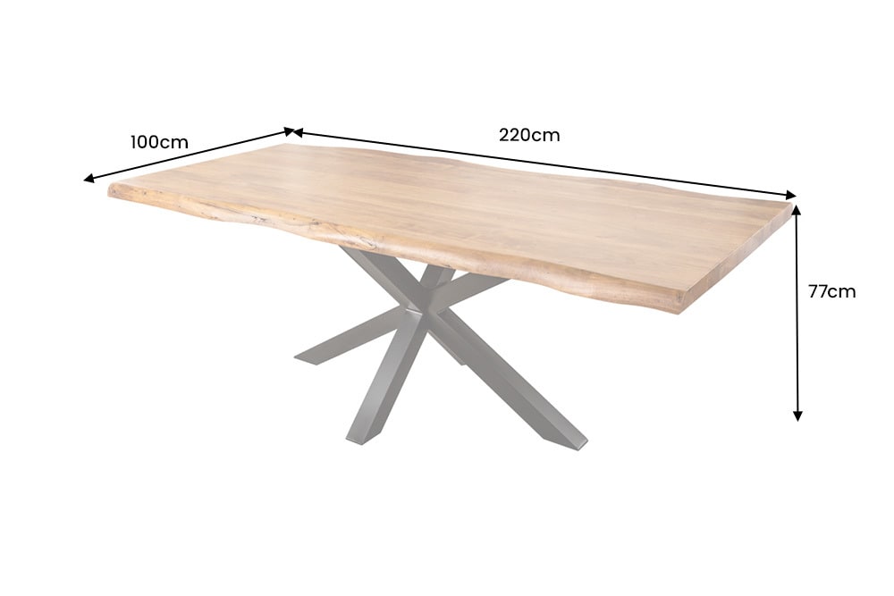 Vollmassiver Esstisch MAMMUT 220cm Akazie Sterngestell schwarz Baumkante 6cm Tischplatte