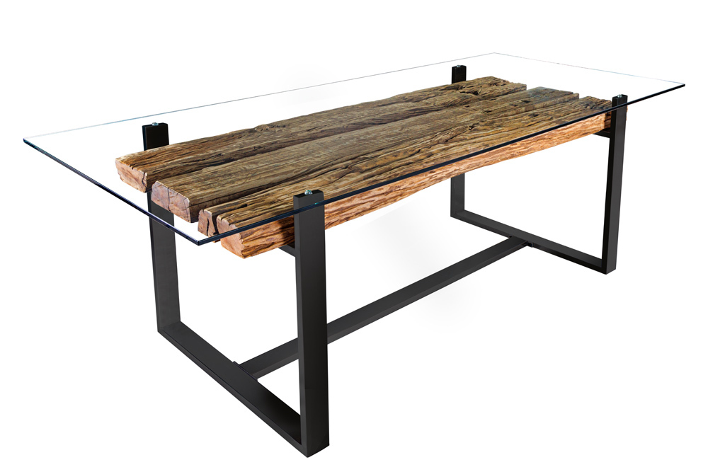 Design Glas Esstisch BARRACUDA 220cm natur Teak Massivholz schwarz Kufengestell