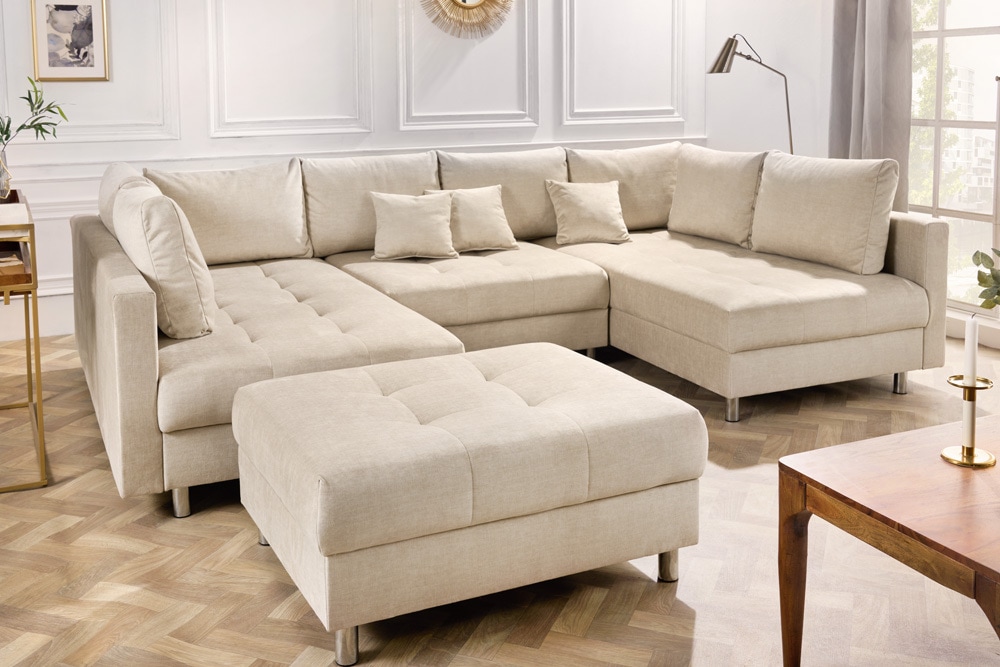 XXL Wohnlandschaft KENT 305cm champagner beige Vogue Velours Samt Federkern mit Hocker
