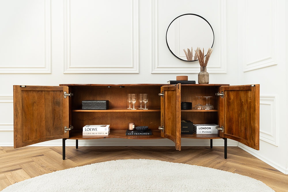 Massives Sideboard GRANDEUR 180cm braun Mangoholz schwarz Metall