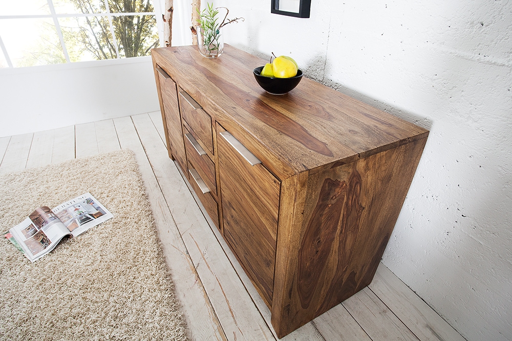 Massivholz Sideboard PURE 135cm braun Sheesham stone finish Kommode mit Schubladen