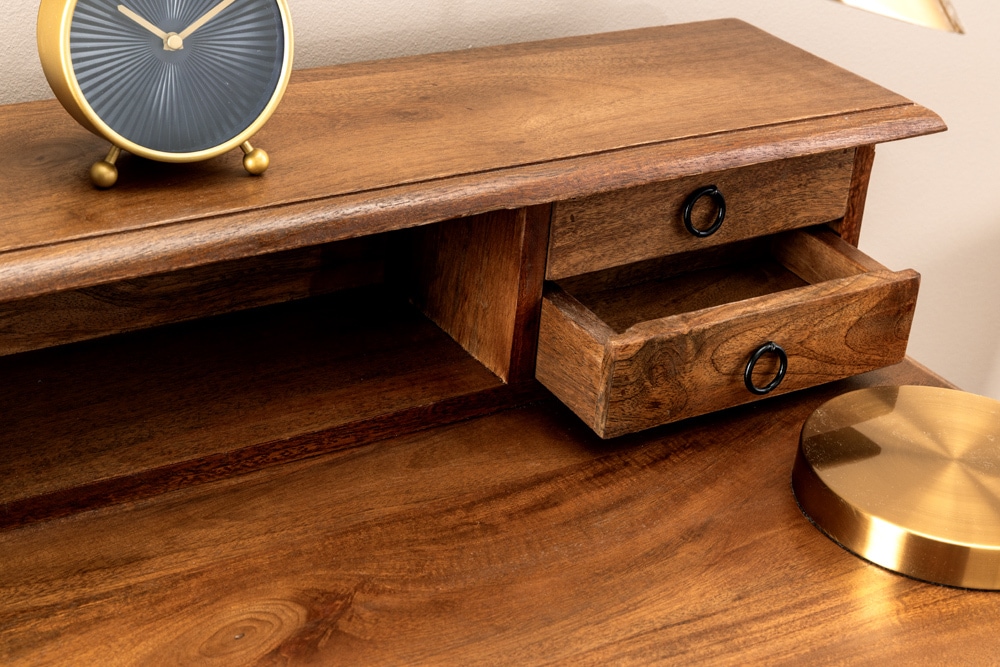 Design Sekretär HEMINGWAY M 90cm braun massiv Mangoholz honey finish Schreibtisch