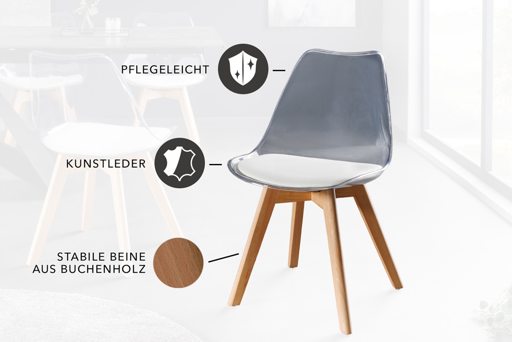 Design Stuhl SCANDINAVIA MEISTERSTÜCK transparent weiß Kunststoff Buchenholz natur