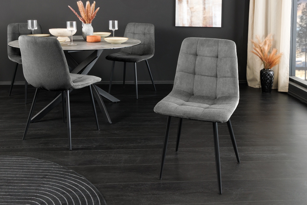 Moderner Design Stuhl TRES CHIC grau Cord schwarze Metallbeine Esszimmer