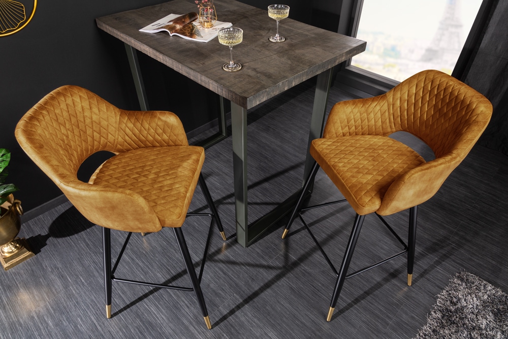 Design Barhocker PARIS senfgelb Samt mit Lehne Metall schwarz gold Ziersteppung