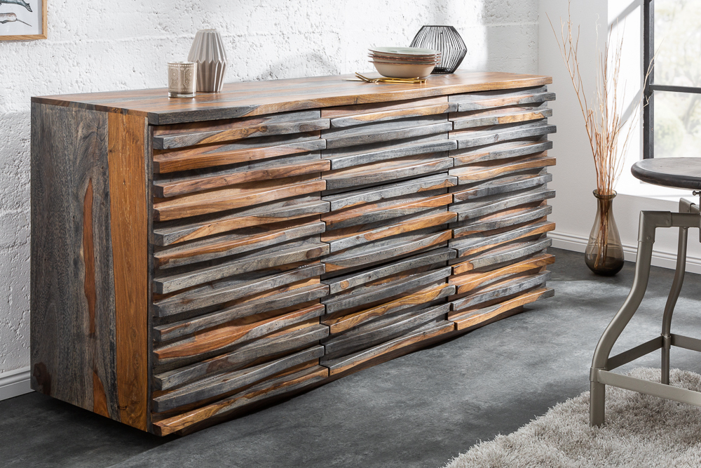 Massivholz Sideboard RELIEF 160cm Sheesham grau smoke finish Kommode mit Schubladen