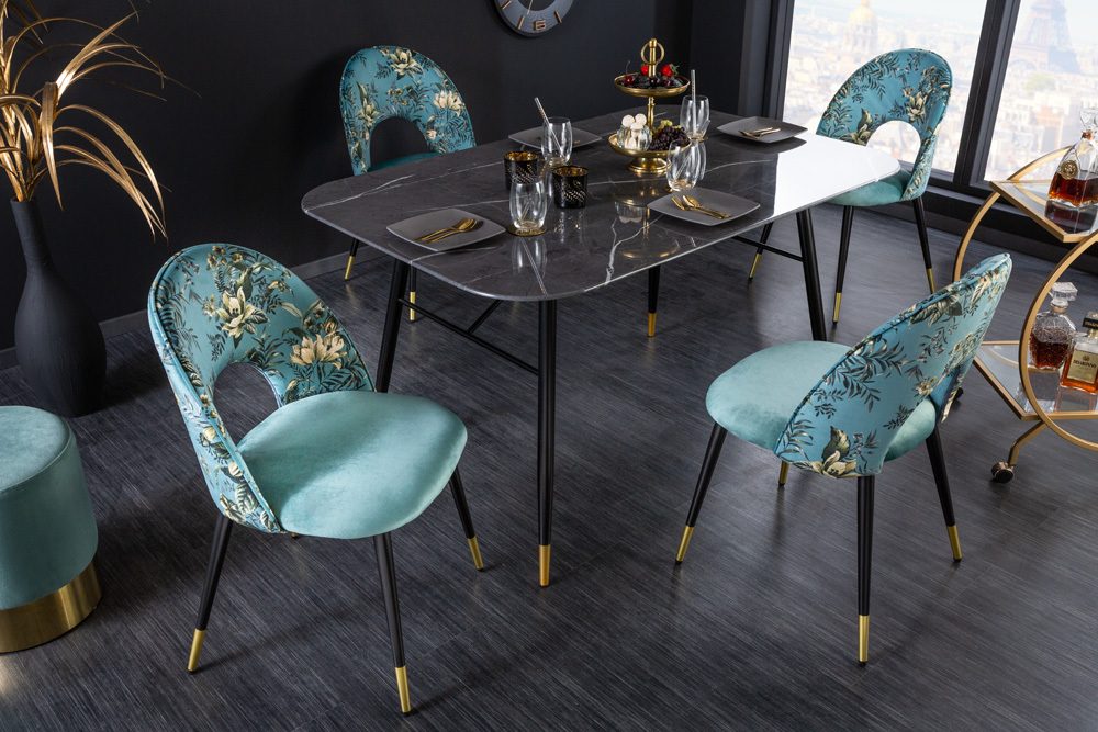 Design Stuhl PRÊT-À-PORTER türkis Samt florales Muster und goldene Fußkappen