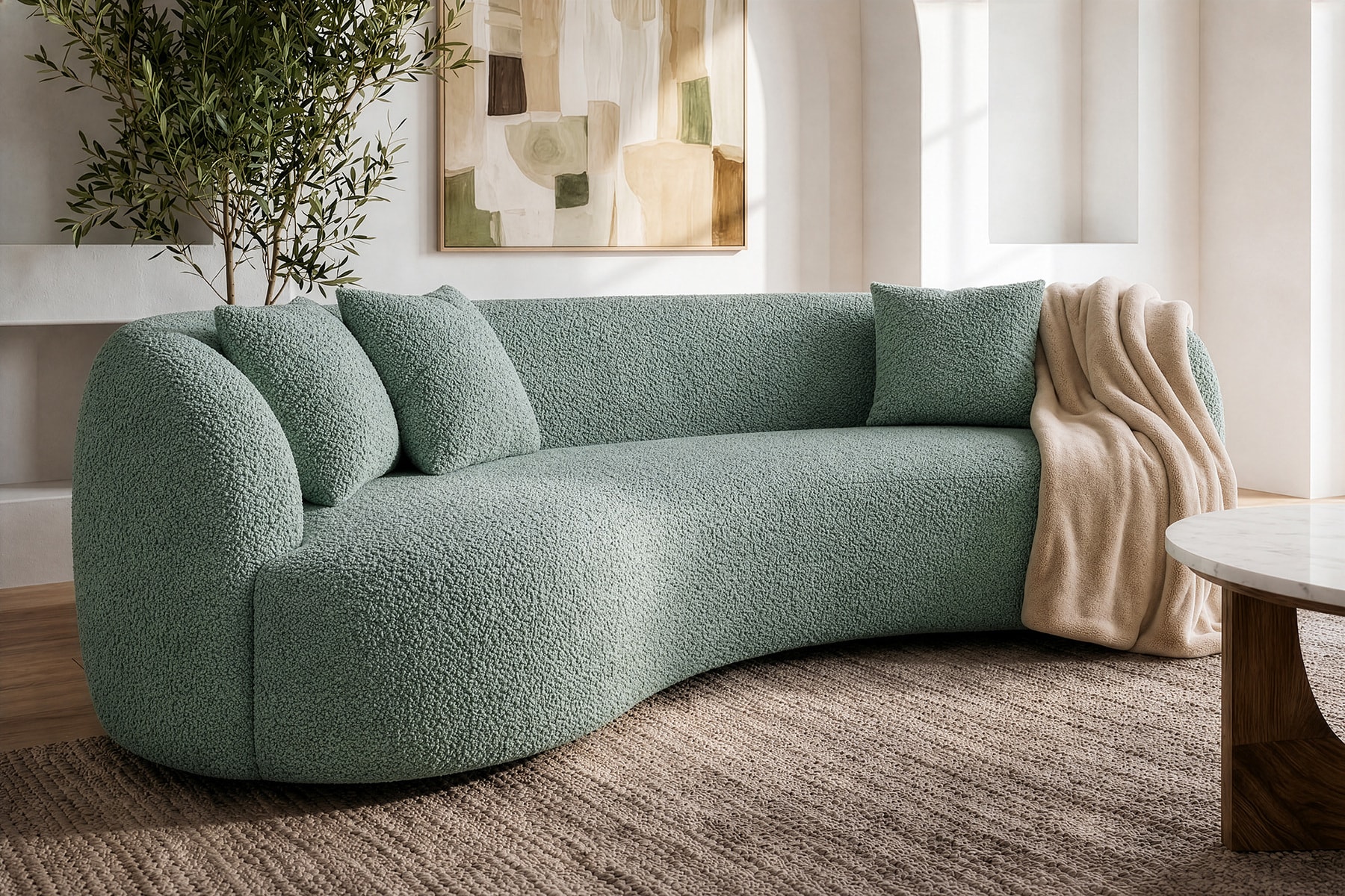 Organisches Sofa ATELIER 230cm salbei Bouclé 3-Sitzer Couch inkl. Kissen