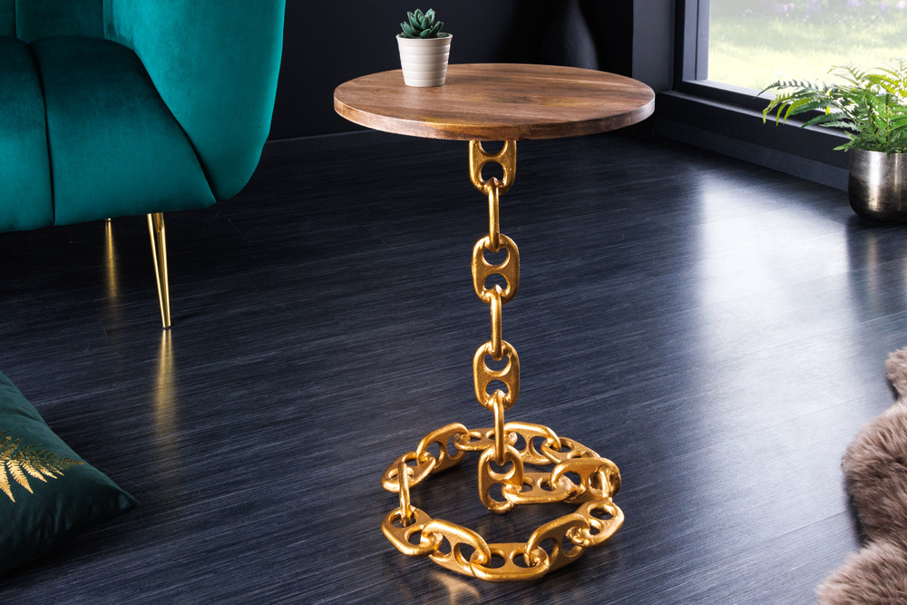 Design Beistelltisch CHAINS 55cm gold Mangoholz handmade Metall rund Kettengestell massiv » Jetzt kaufen