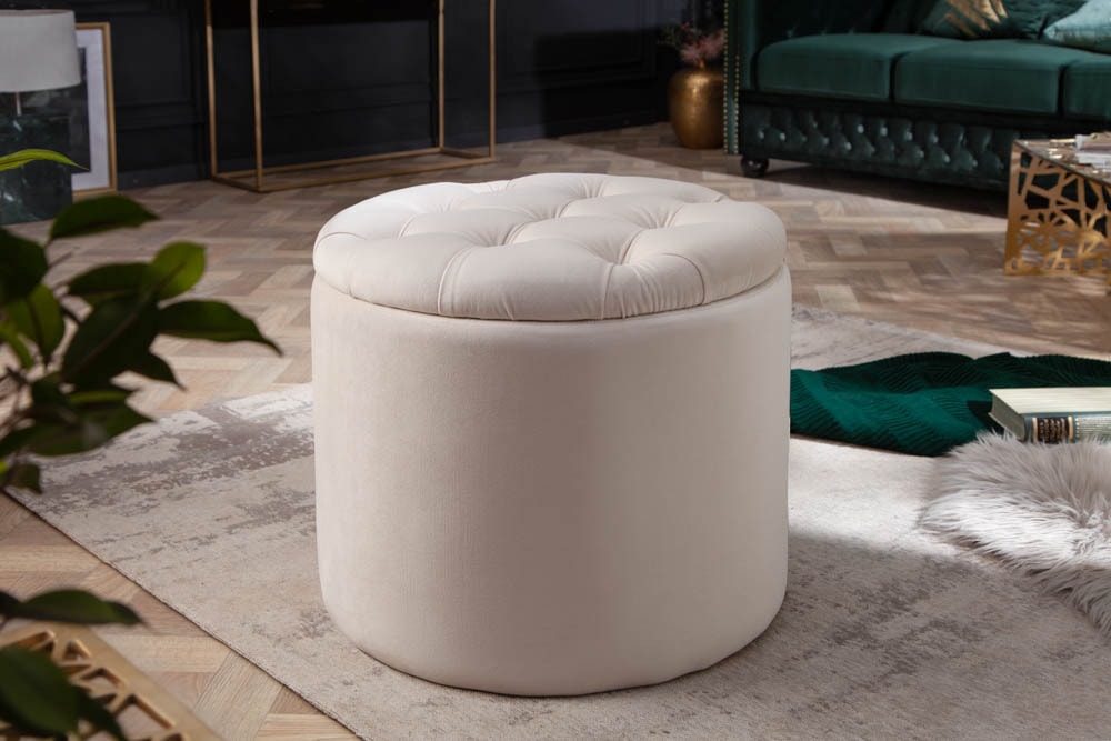 Eleganter Hocker MODERN BAROCK 50cm champagner beige Samt Aufbewahrungkorb