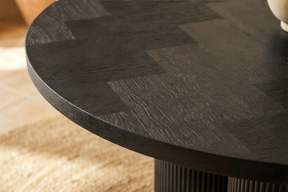 Design Esstisch BABYLON 120cm schwarz Fischgrät Eiche rund mit drei Säulenfüßen