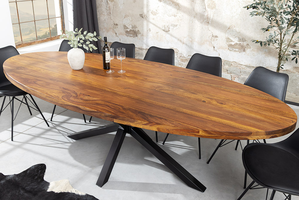 Massiver Esstisch GALAXIE 240cm natur Sheeshamholz oval Sterngestell schwarz
