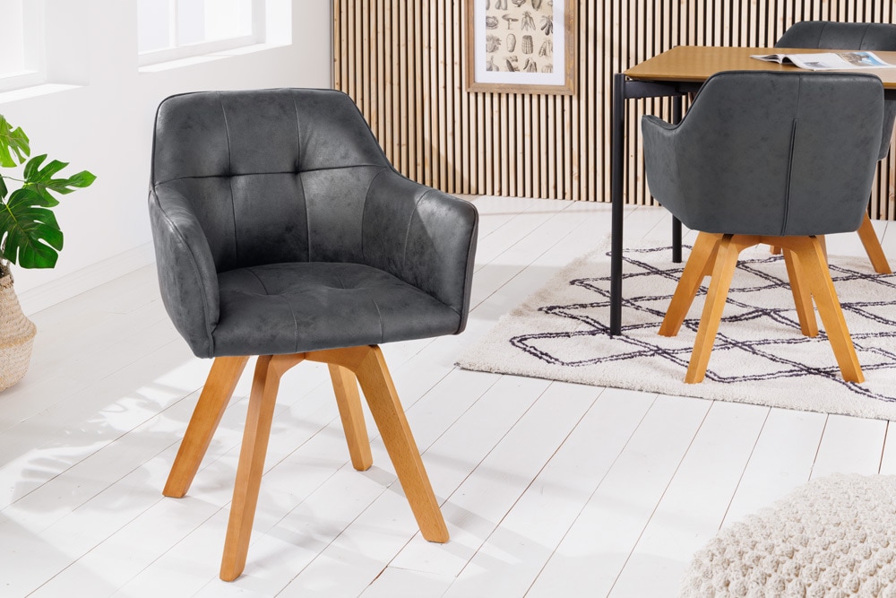 Design Stuhl LOFT antik grau Microfaser drehbar massiv Buchenholz mit Armlehne