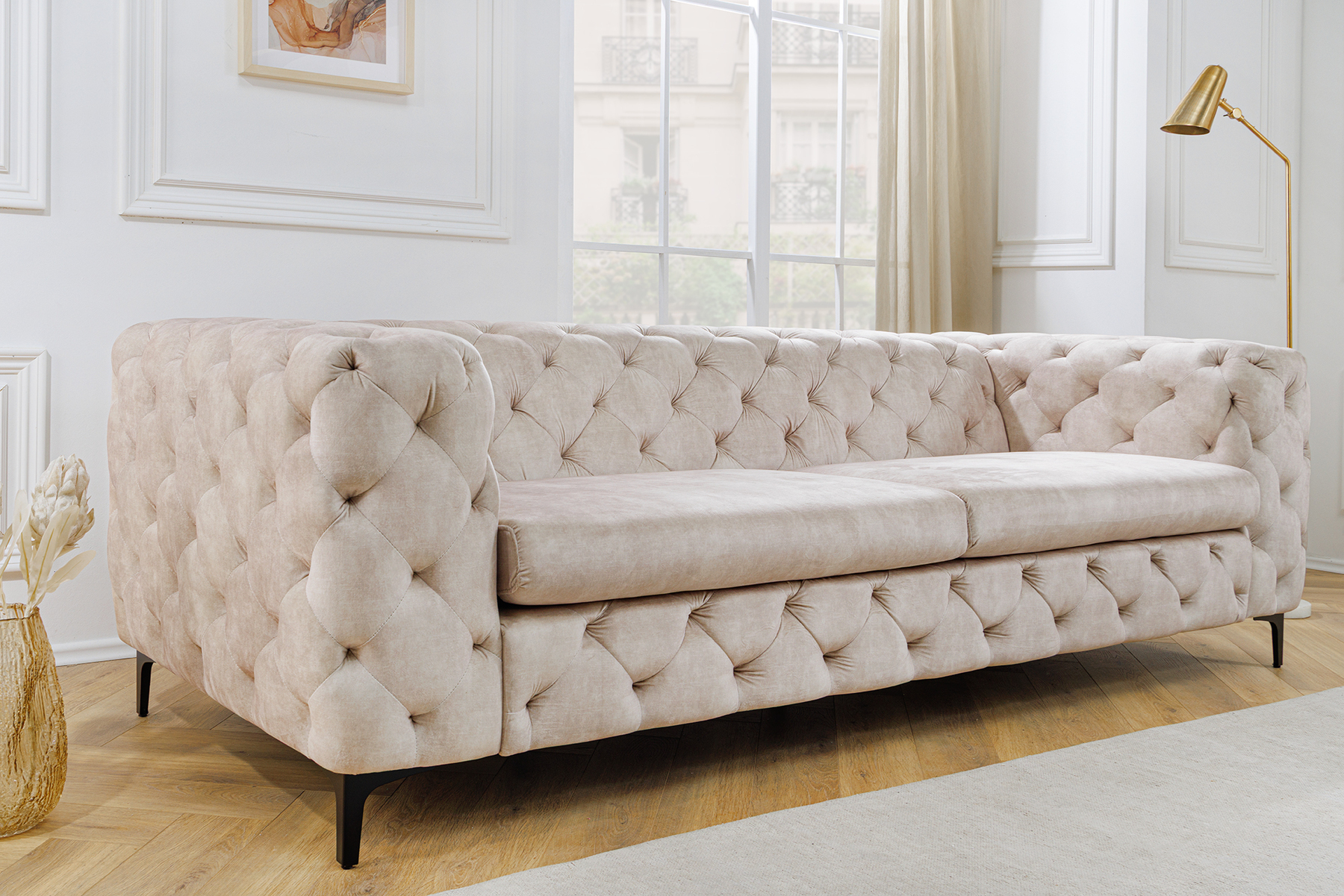 Chesterfield 3-Sitzer Sofa MODERN BAROCK 235cm champagner beige Samt Federkern