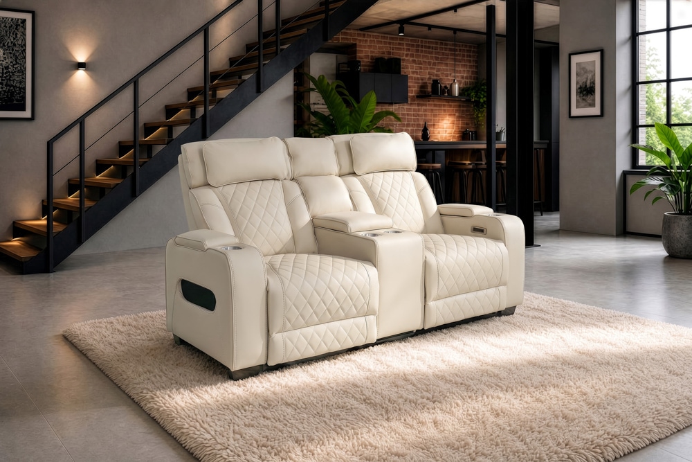 Elektrischer 2er Kinosessel HOLLYWOOD beige Kunstleder Relaxfunktion Getränkehalter