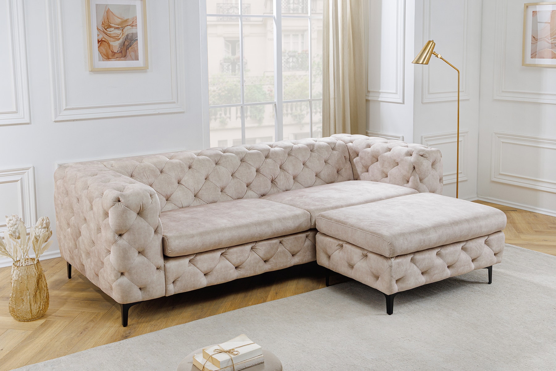 Chesterfield 3-Sitzer Sofa MODERN BAROCK 235cm champagner beige Samt Federkern