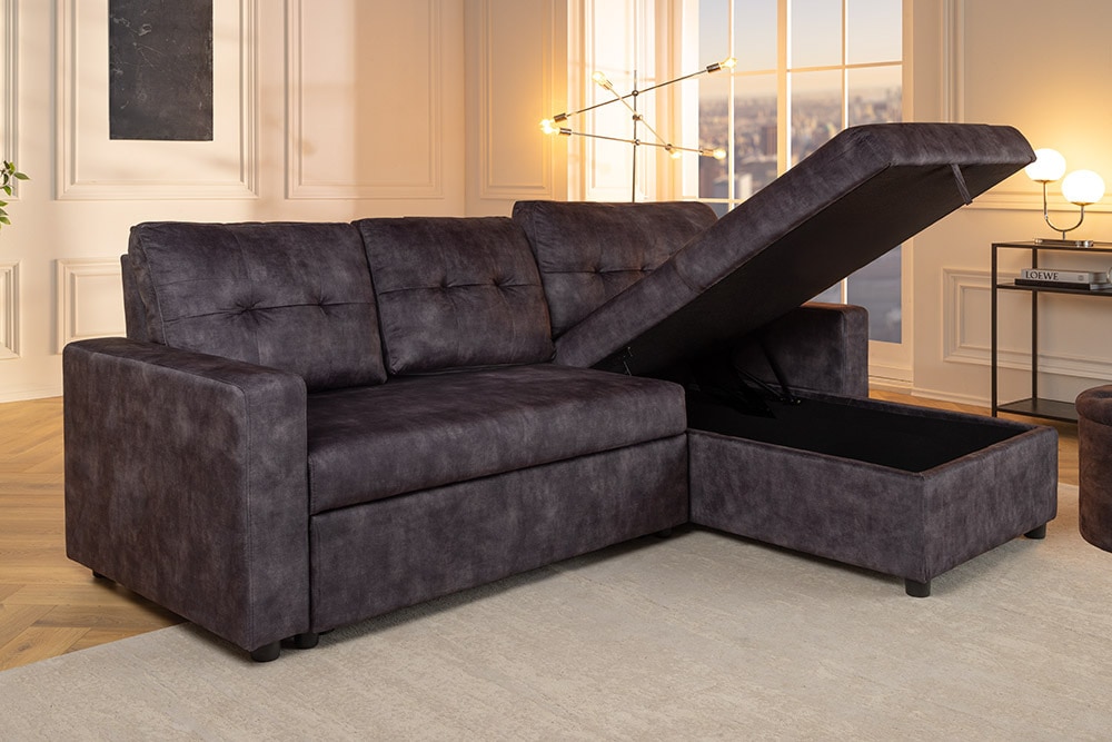 Ecksofa mit Schlaffunktion APARTMENT beidseitig aufbaubar grau Samt inkl. Stauraum