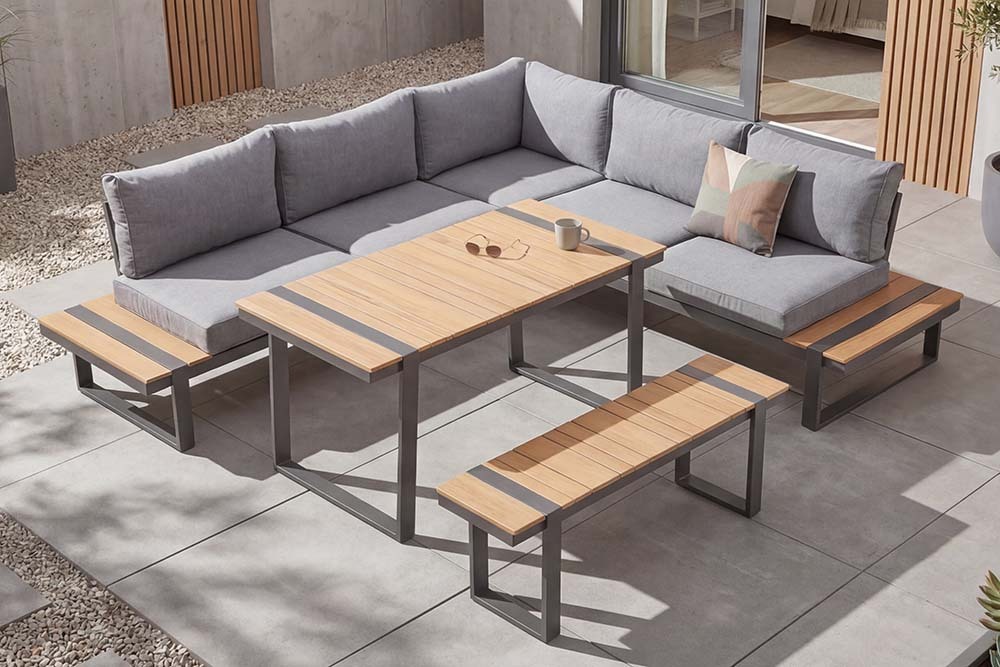 Wetterfestes Gartenmöbel Set TAMPA LOUNGE 250cm grau Aluminium inkl. Sitzbank Tisch Kissen