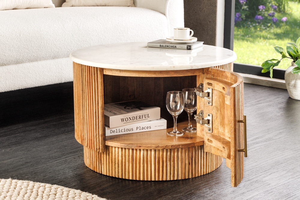Runder Couchtisch TRES CHIC 60cm weiß Marmor natur Mangoholz mit Stauraum » Jetzt kaufen