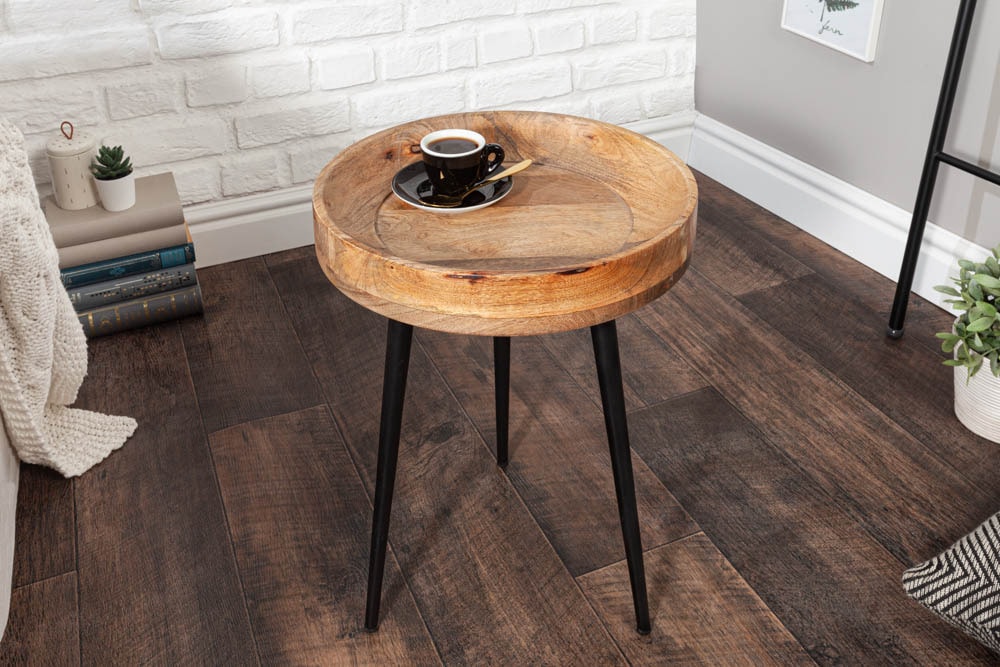 Massiver Beistelltisch PURE NATURE 35cm natur Mangoholz rund mit schwarzen Metallbeinen