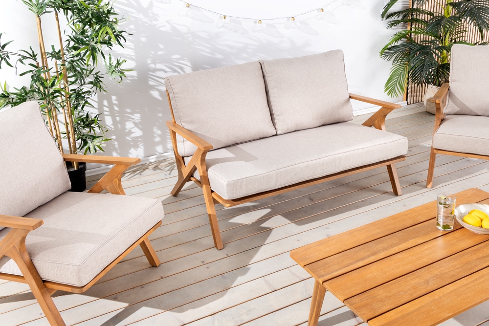 Wetterfestes Gartenlounge-Set COMFORT LINE natur beige Akazie 4-teilig inkl. Tisch