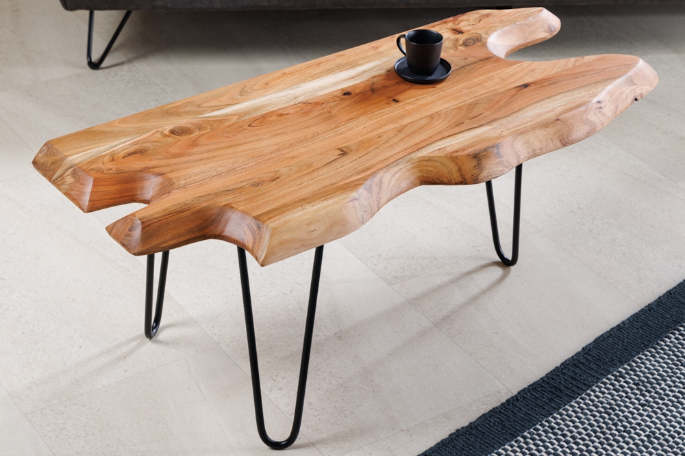 Massivholz Couchtisch WILD 100cm Akazie natur Hairpin Legs Baumkante