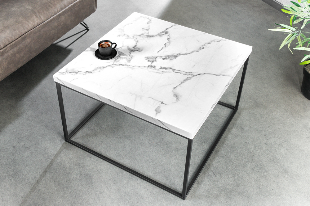 Moderner Couchtisch ARCHITECTURE 60cm weiß Marmor-Design Metallgestell