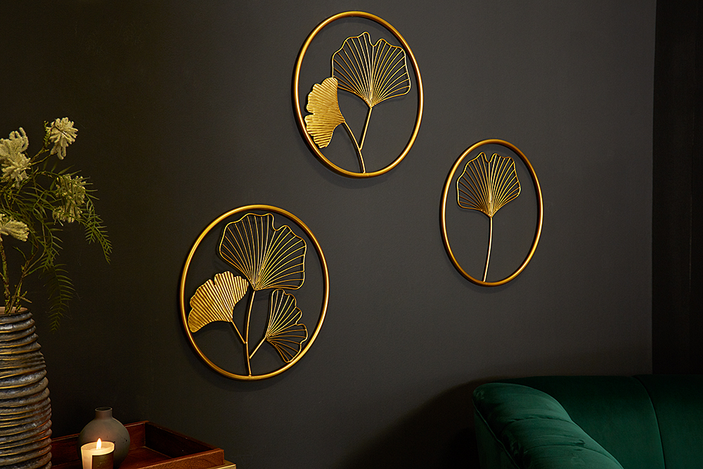 Elegante Wanddeko 3er Set GINKGO 40cm gold in filigraner Blattform Elegante Wanddeko 3er Set GINKGO 40cm gold in filigraner Blattform