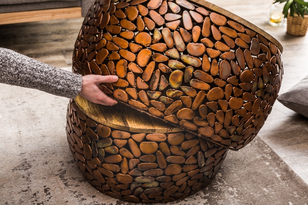 2er Set Runde Couchtische STONE MOSAIC 65cm kupfer Mangoholz Metall Mosaik Design handmade