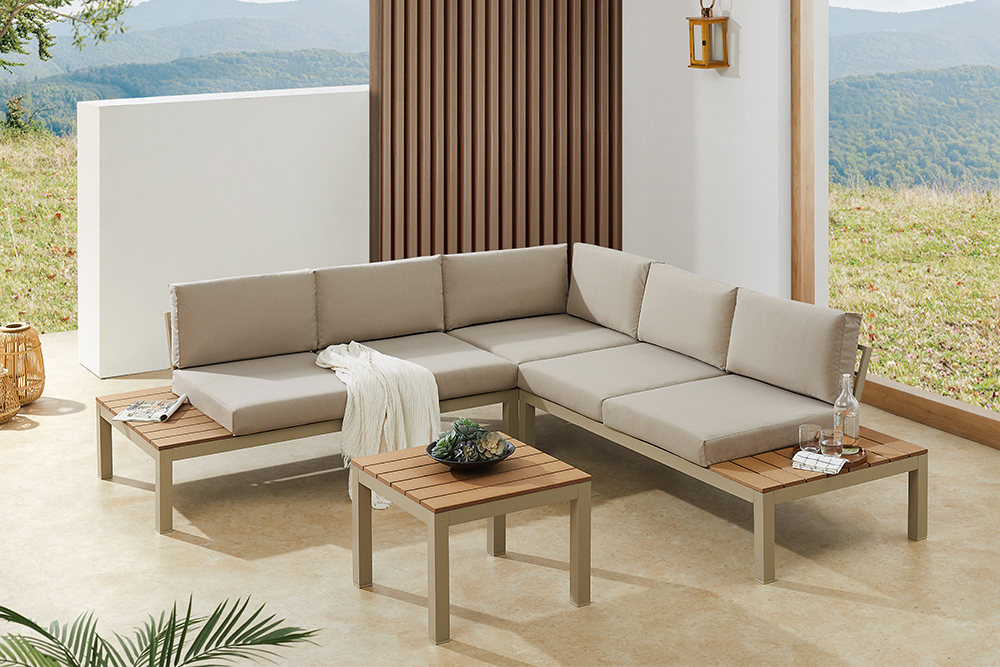 Große Garten Sitzgruppe MIAMI LOUNGE 240cm champagner greige Aluminium wetterfest Outdoor inkl. Kissen