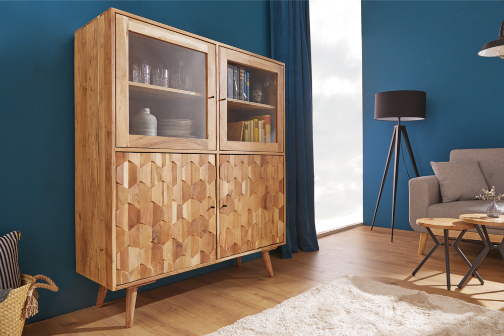 Massivholz Highboard MYSTIC LIVING 140cm Akazie natur Vitrine 3D-Oberfläche Massivholz Highboard MYSTIC LIVING 140cm Akazie natur Vitrine 3D-Oberfläche