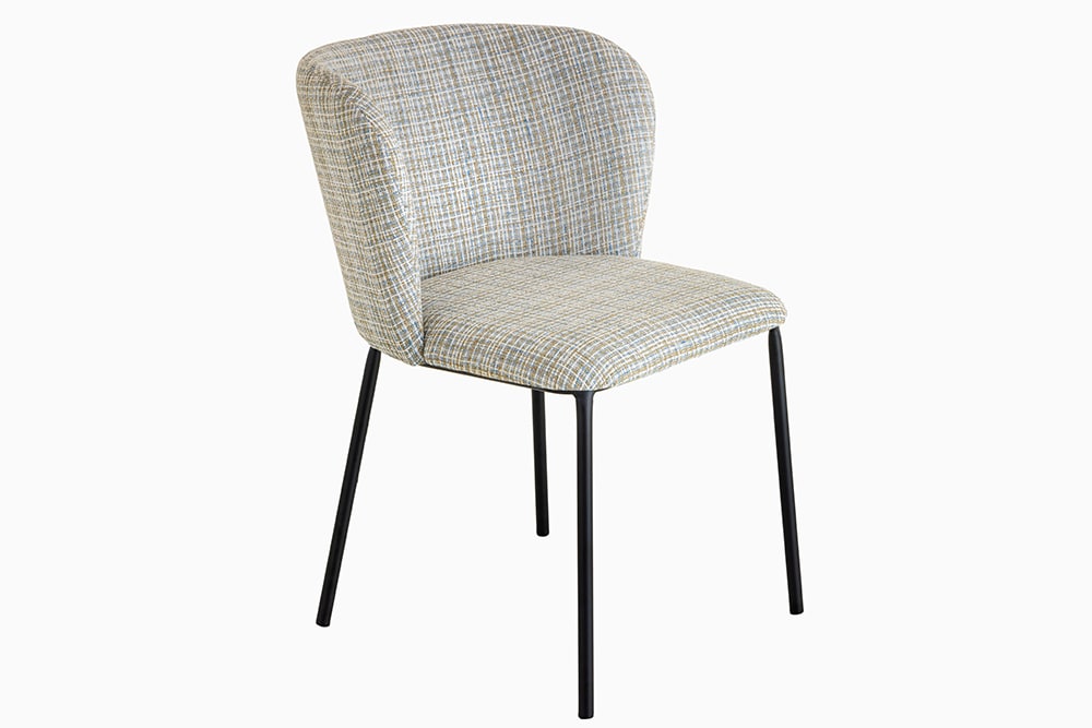 Design Stuhl LYON blau kariert Bouclé schwarze Metallbeine
