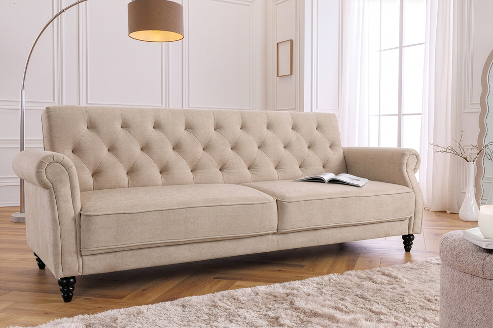 Schlafsofa MAISON BELLE AFFAIRE 220cm champagner beige Vogue Seiden Samtstoff 3-Sitzer