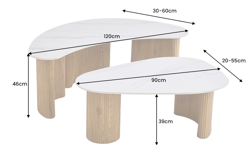 2er Set Couchtische OSAKA 120cm weiß Marmor Keramik natur Eiche