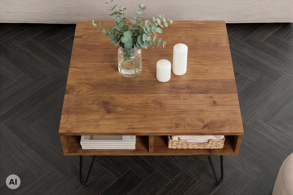 Massiver Couchtisch SCORPION 60cm braun honey finish Mangoholz mit Hairpin Legs