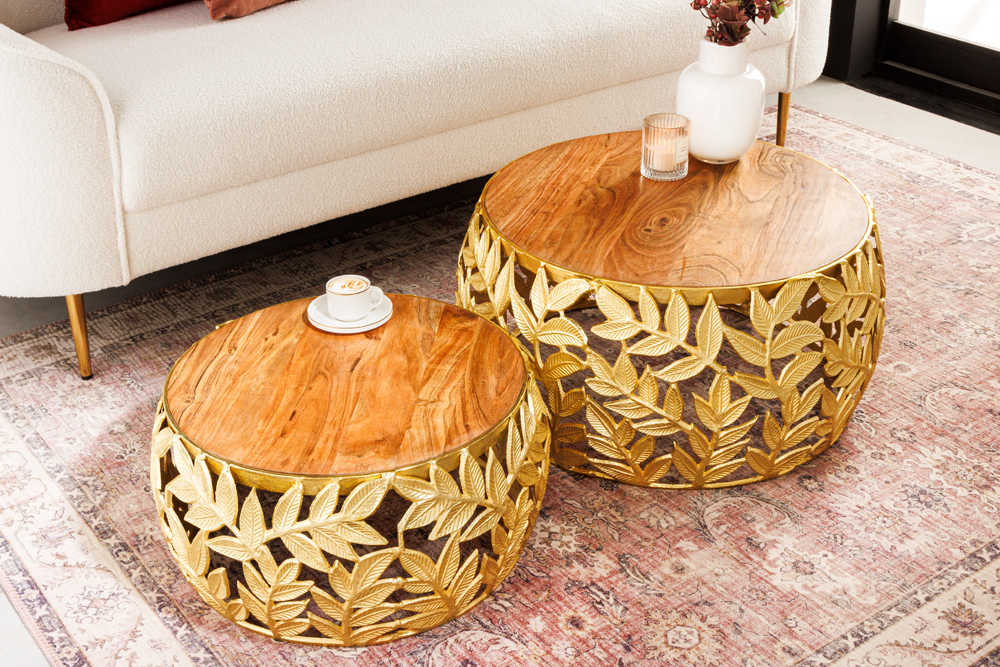 Rundes 2er Set Couchtische ABSTRACT LEAF 70cm natur gold Massivholz Akazie Metall Blatt-Design