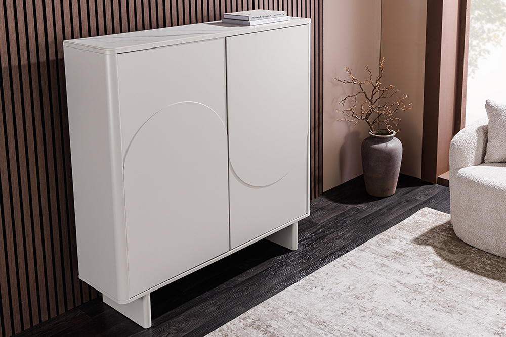Design Highboard SAVOY 130cm kaschmir weiß Marmor Keramik mit Stauraum und 3D-Front