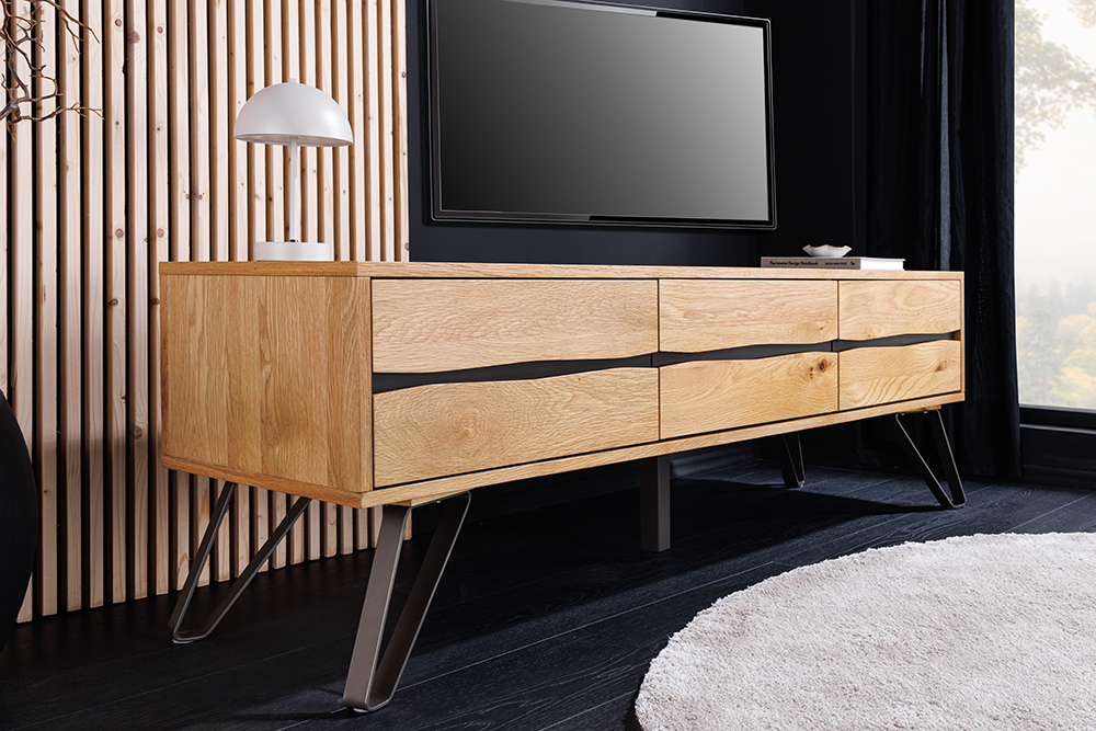 Massives TV-Lowboard LIVING EDGE 160cm natur Eichenholz Baumkante mit Hairpin Legs